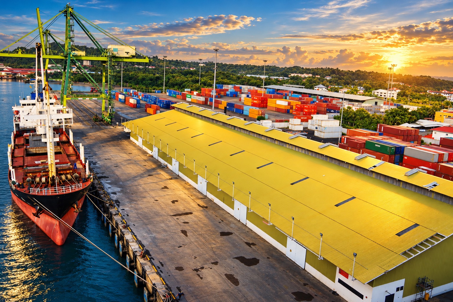 Muara Port cargo ship, cranes and container yard